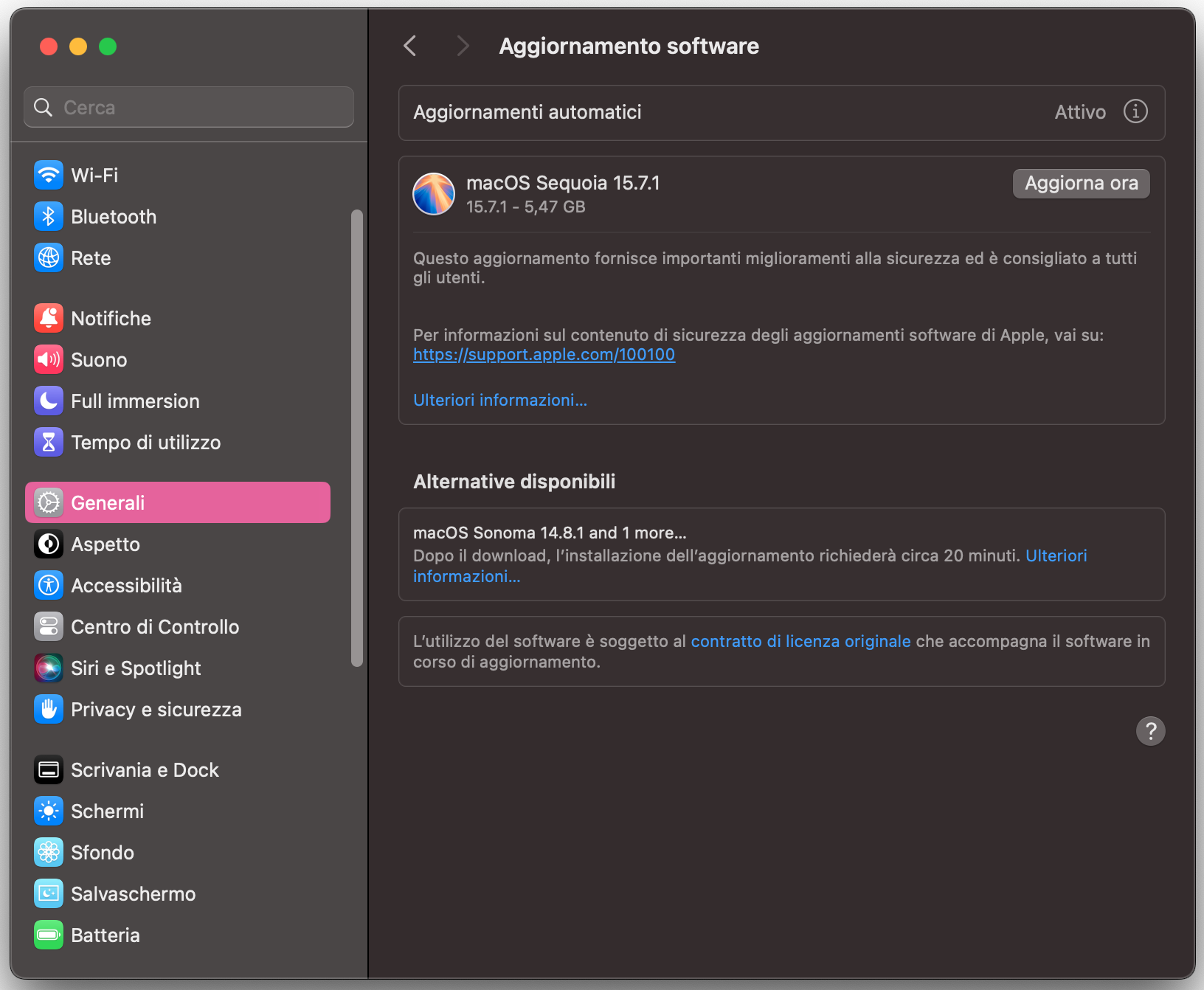 Se sono disponibili aggiornamenti, vedrai il pulsante Aggiorna ora. Puoi anche cliccare su Ulteriori informazioni per scoprire cosa include l’aggiornamento.