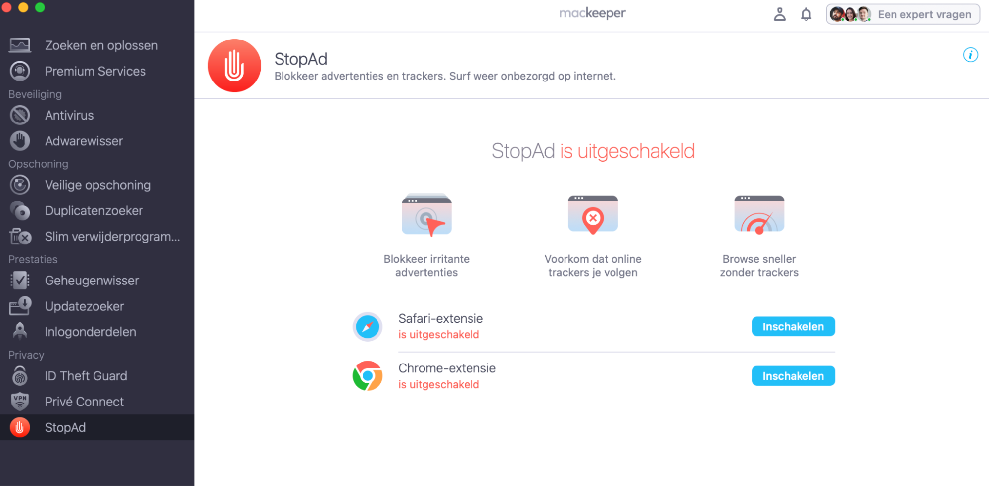 Het scherm van StopAd in MacKeeper, zonder ingeschakelde opties. Dit maakt deel uit van een handleiding over hoe je een adblocker gebruikt om valse McAfee pop-ups op een Mac te stoppen.