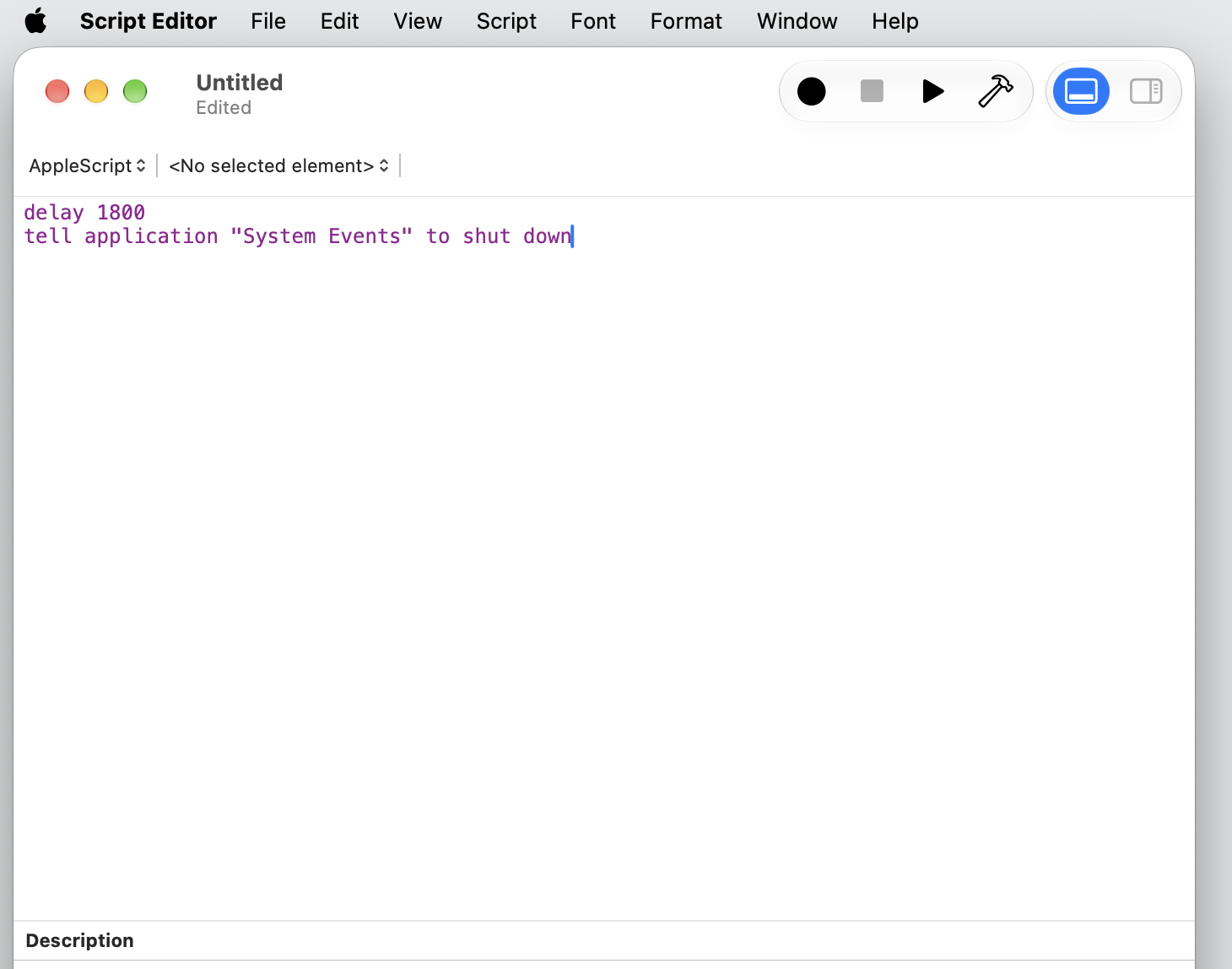 Script Editor on macOS with the AppleScript delay 1800 and tell application System Events to shut down code typed for a Mac shutdown timer.