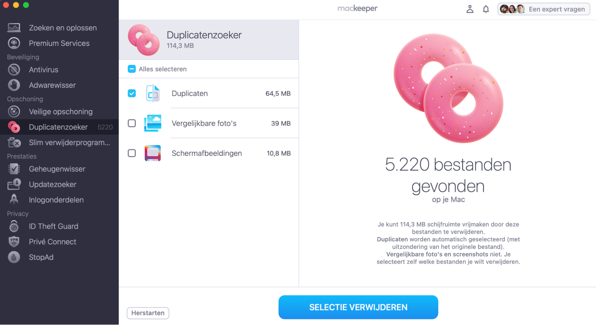De scan eindigt met de lijst van duplicaten die op je Mac zijn gevonden. Selecteer welke bestanden je wilt verwijderen en klik op Verwijder Geselecteerde.