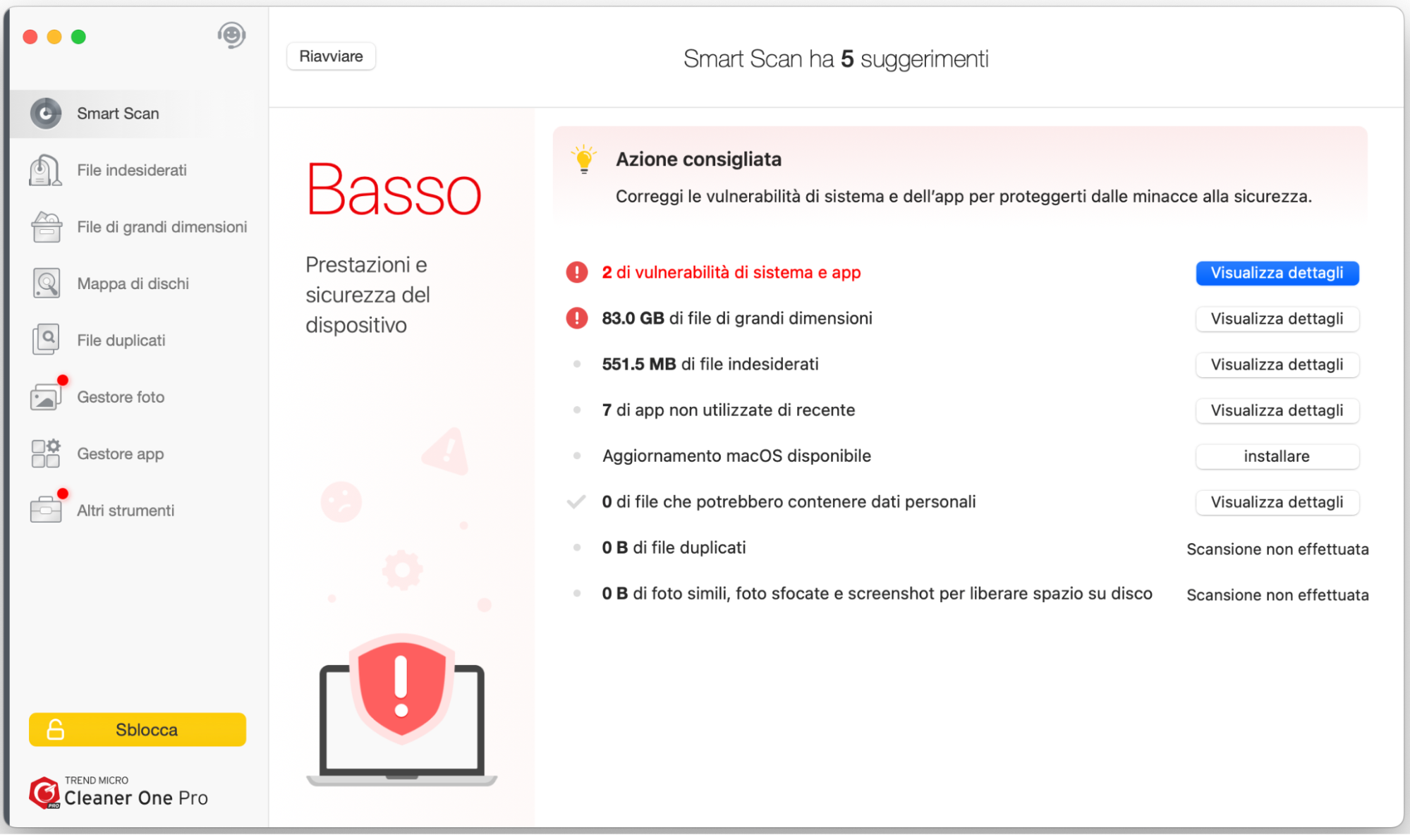 Risultati del test di pulizia di Cleaner One Pro, con l’elenco delle raccomandazioni fornite all’utente al termine della scansione