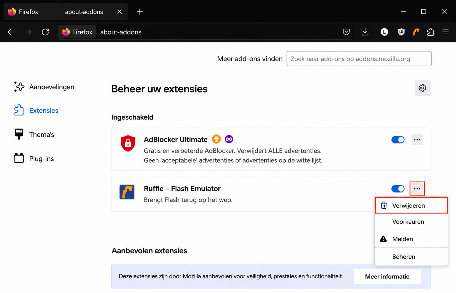 Het scherm ‘Extensies’ van Firefox met het menu van één extensie geopend. Dit maakt deel uit van een handleiding over hoe je extensies verwijdert om valse McAfee pop-ups op een Mac te stoppen.