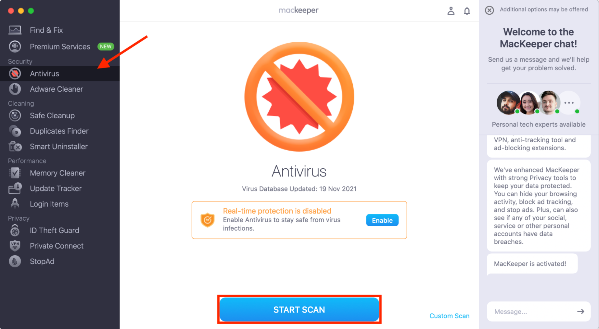 MacKeeper's Antivirus feature on Mac. If a macOS virus has made unwanted changes and you need to fix your user name on Mac, first remove the treat using MacKeeper's Antivirus.