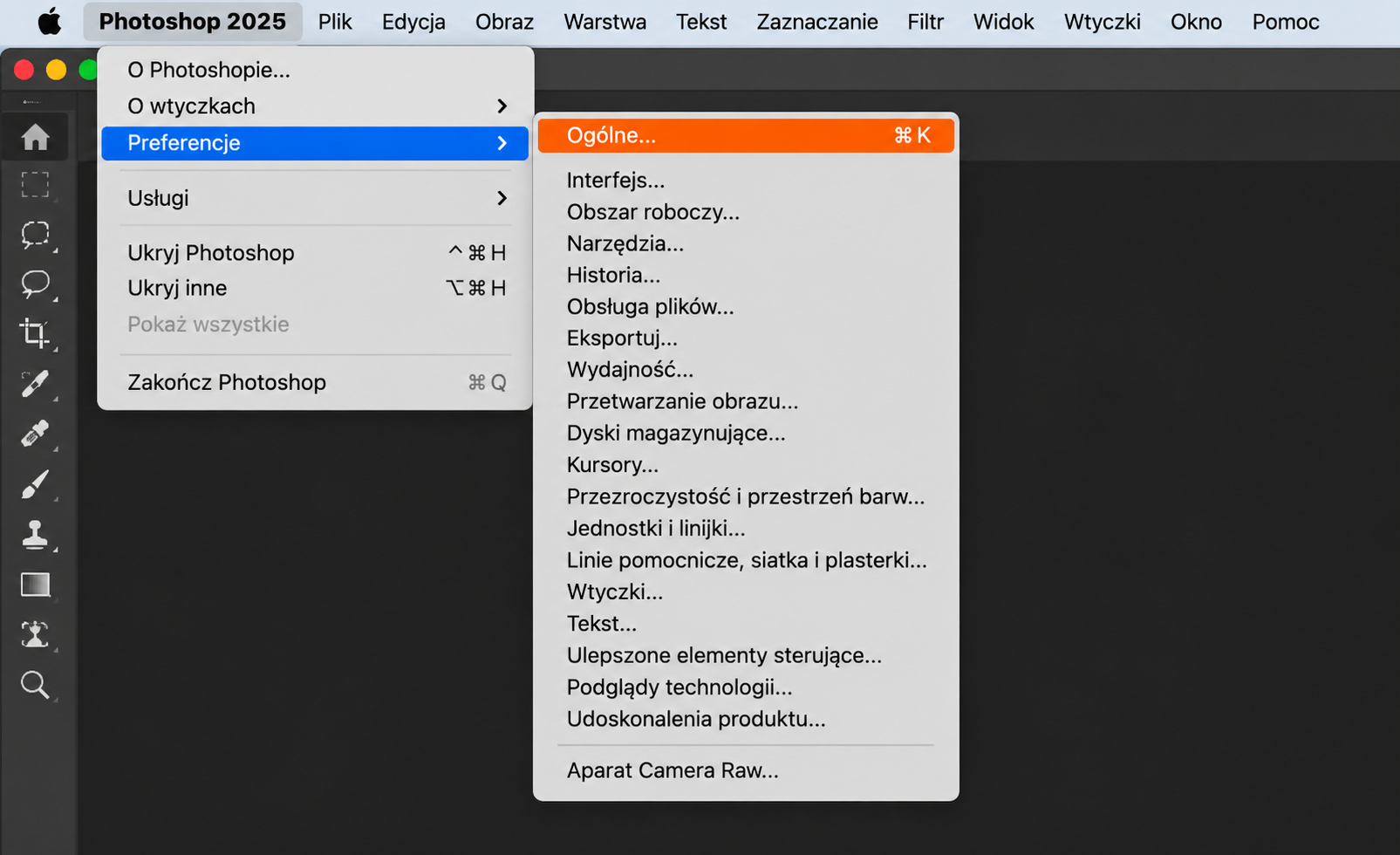 Menu Preferencje w Photoshopie na Maca. Kliknij Ogólne, aby uzyskać dostęp do ustawień i zresetować ustawienia Photoshopa.