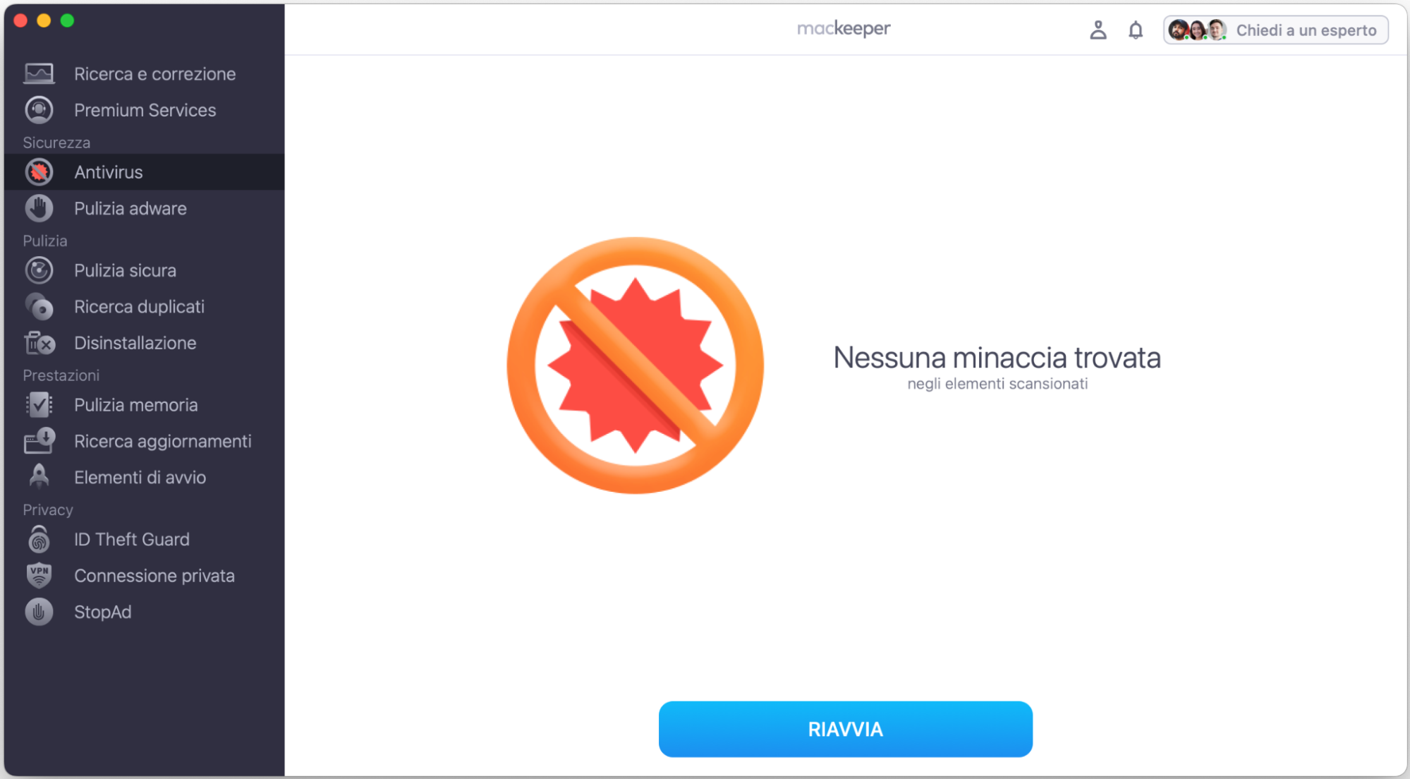 L’Antivirus di MacKeeper mostra le minacce rilevate durante la scansione. Puoi rimuoverle oppure spostarle in quarantena.