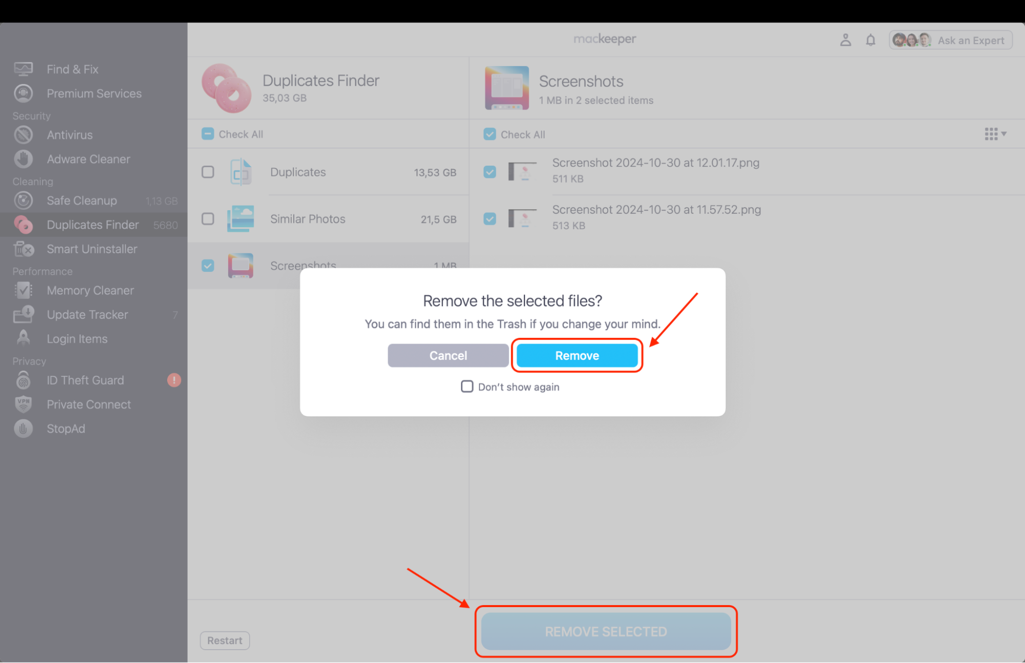 Click Remove Selected and confirm the action to permanently delete duplicate files, freeing up storage space and keeping your Mac organized.