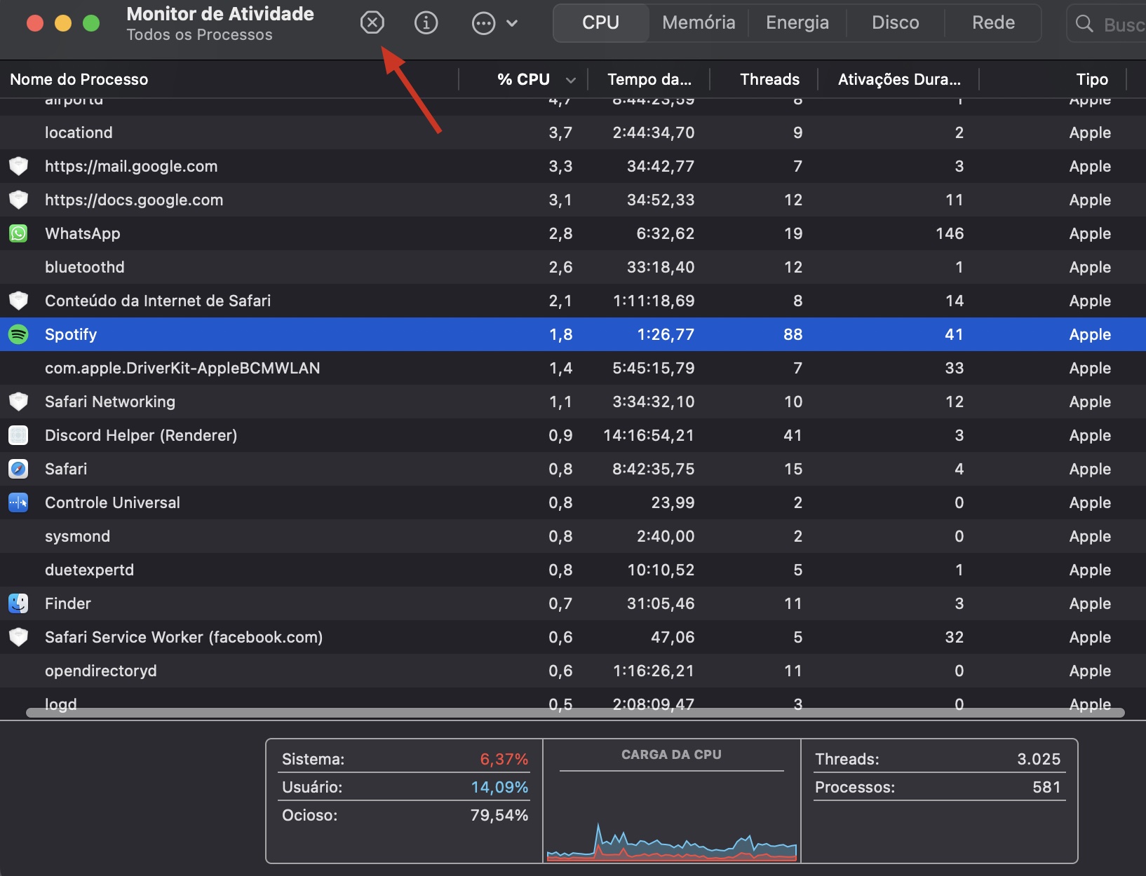 O Monitor de Atividade no Mac mostra uma lista de todos os processos em execução. Selecione um processo e clique no ícone X para encerrá-lo