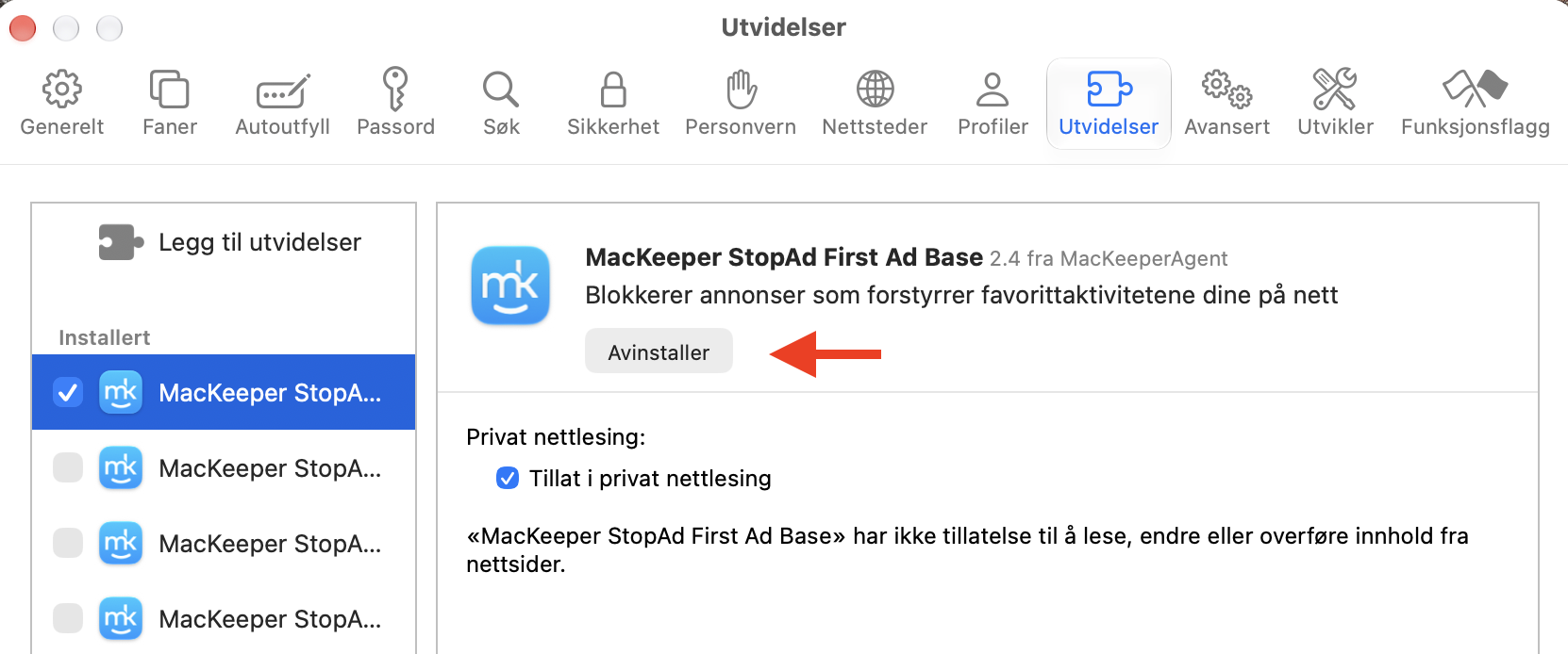 Under programtillegg og utvidelser ser du etter programtilleggene du vil fjerne og klikker avinstaller for å bli kvitt ubrukte programtillegg som bare roter til enheten din.