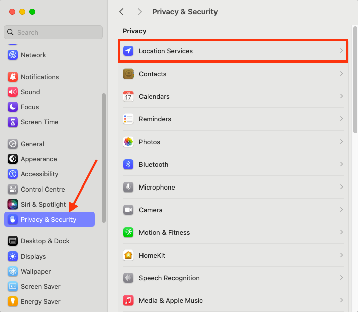 Location Services inside the Privacy & Security menu on Mac. When you run into set date and time automatically on Mac is not working, make sure Location Services are enabled.
