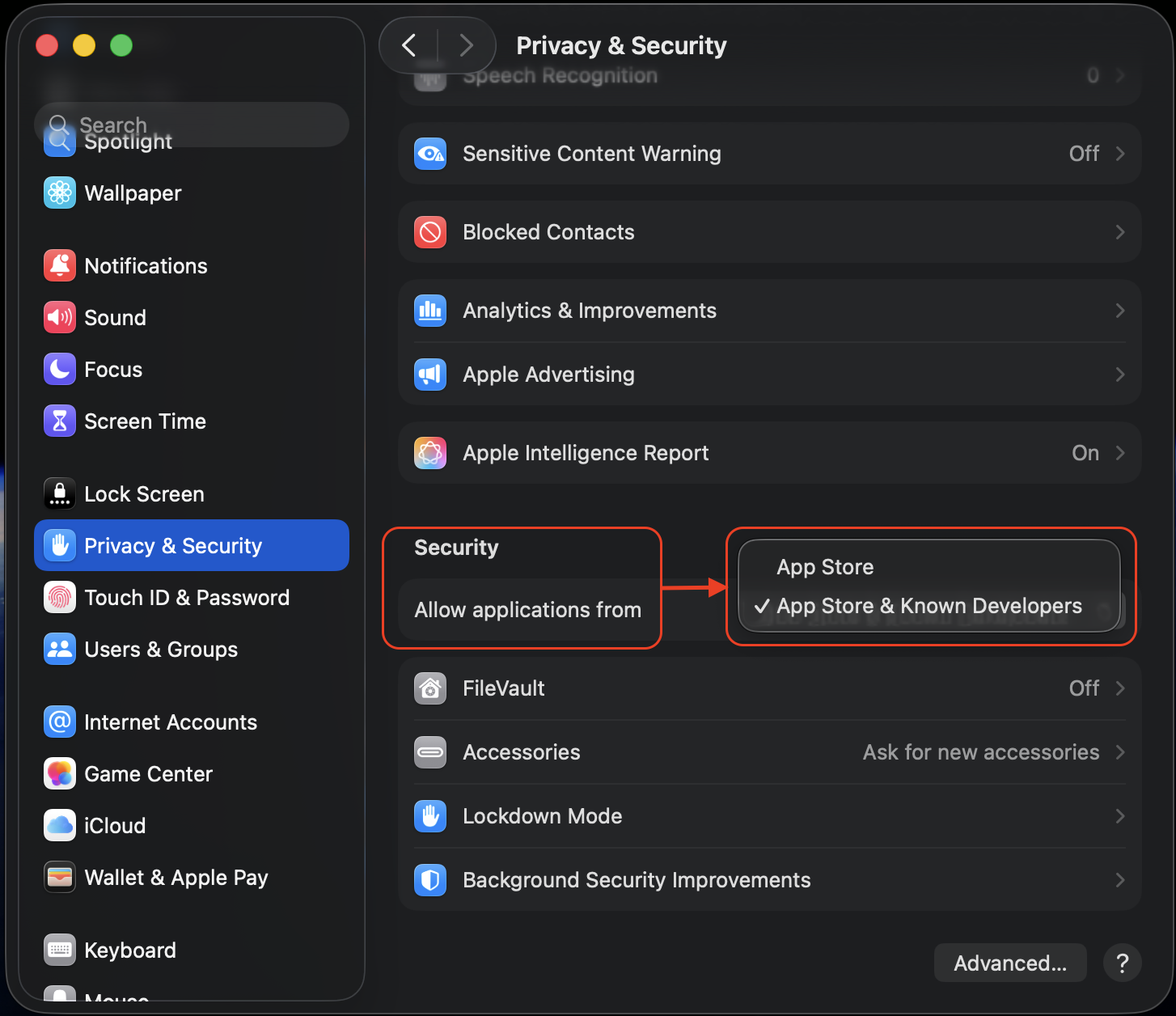 Checking the Allow applications from status under Security in macOS Privacy & Security confirms Gatekeeper is restored on an Apple laptop.