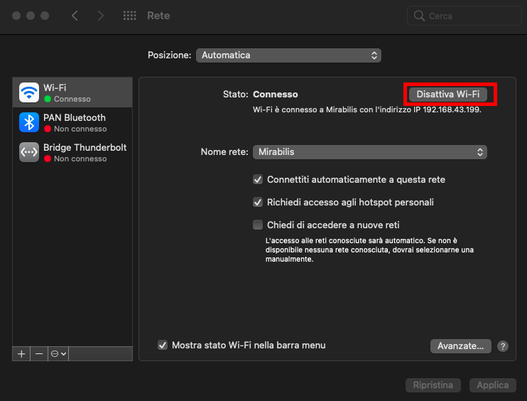 Attivare e disattivare il Wi-Fi è semplice. È sufficiente fare clic sulla levetta/cursore per attivare e disattivare la connessione Wi-Fi.