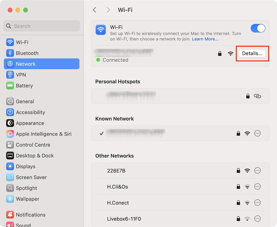 To adjust your DNS settings and see if this speeds up your Mac’s Internet connection, click the Details button next to the network you’re connected to.