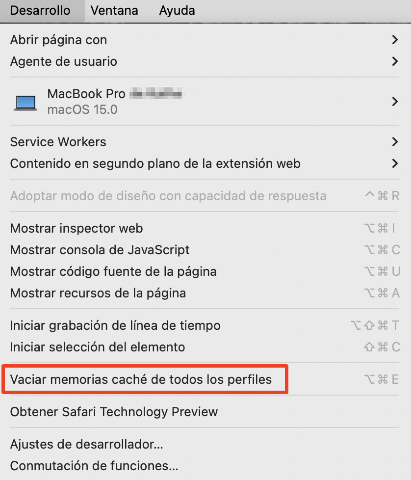El menú Desarrollo de Safari en Mac, con Cachés Vacías resaltado. Cómo arreglar servicio de cuentas quiere usar el llavero de inicio de sesión en los navegadores.