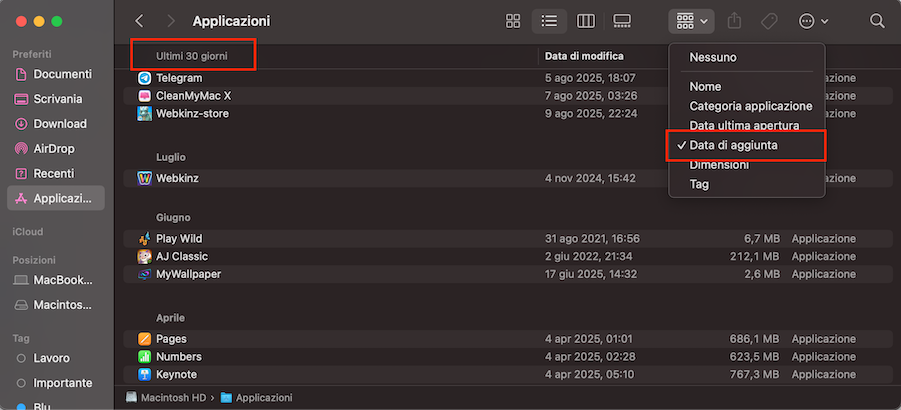 Sempre nella cartella Applicazioni, clicca con il tasto destro e seleziona Data aggiunta per visualizzare le app ordinate in base alla data di installazione.