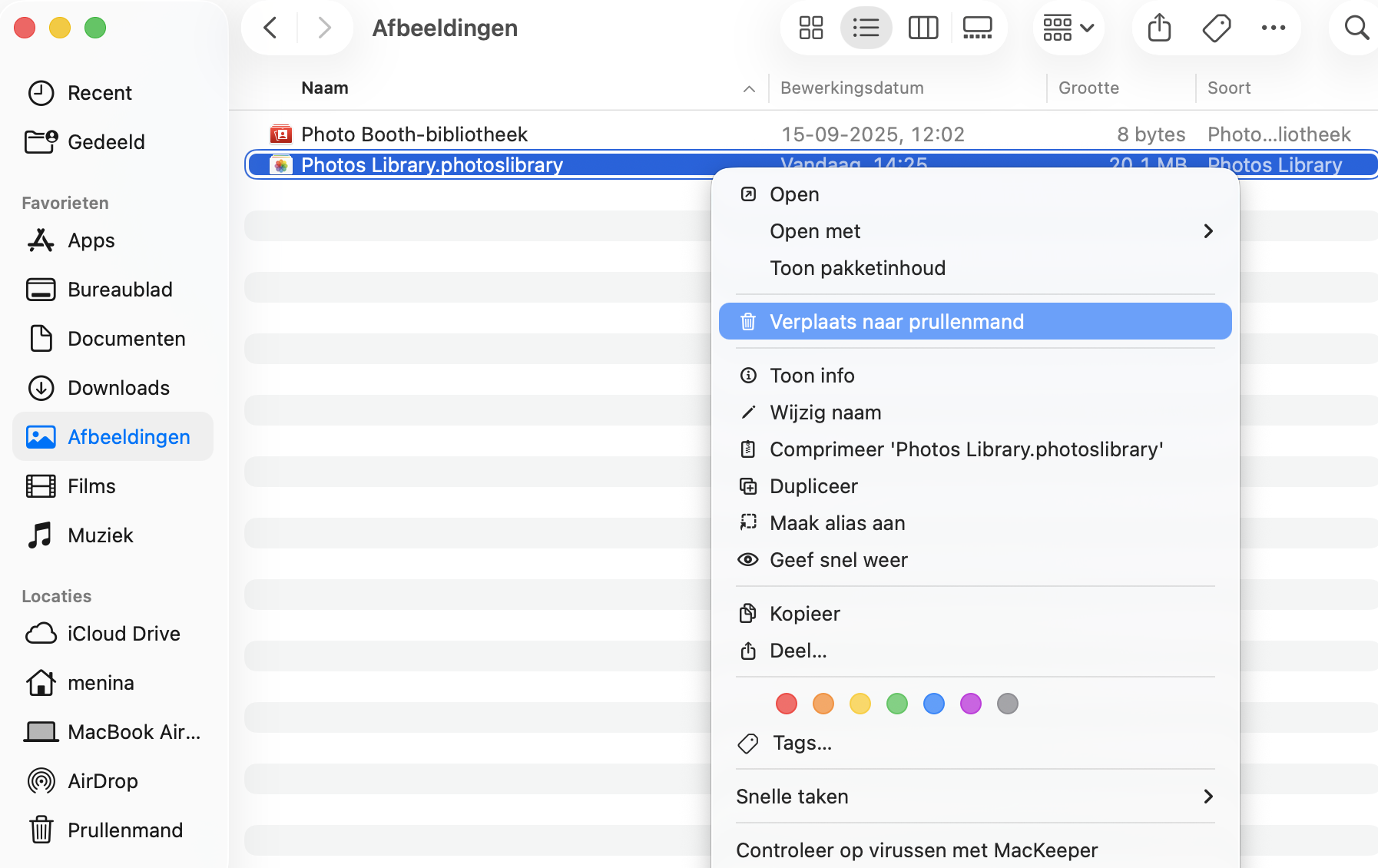 Om de fotobibliotheek te verwijderen, klik je met de rechtermuisknop op het bestand en selecteer je de optie ‘Verplaats naar prullenmand’.
