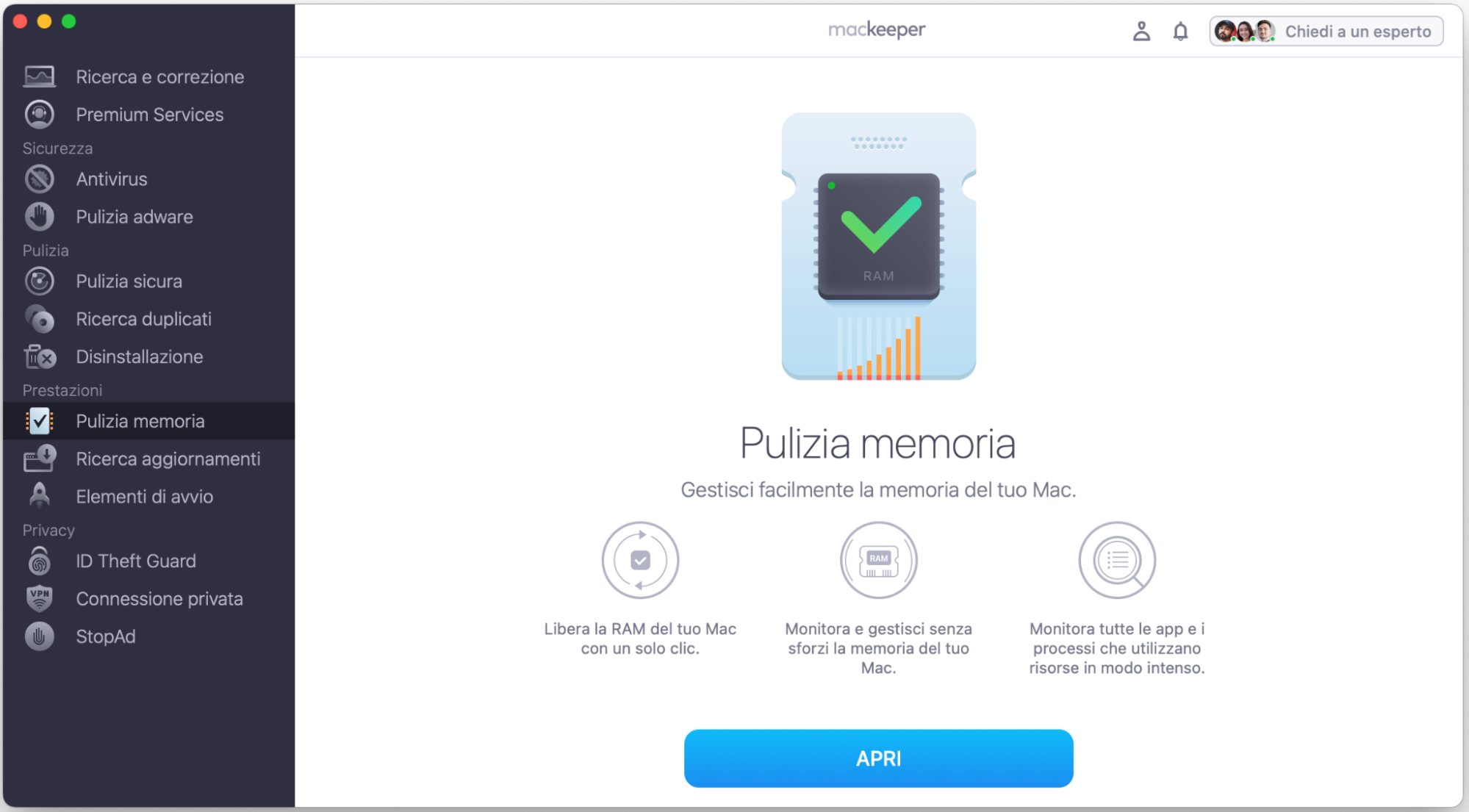 Per velocizzare il tuo Mac con MacKeeper, apri l’app, seleziona Memory Cleaner dal menu laterale, quindi fai clic su Apri.