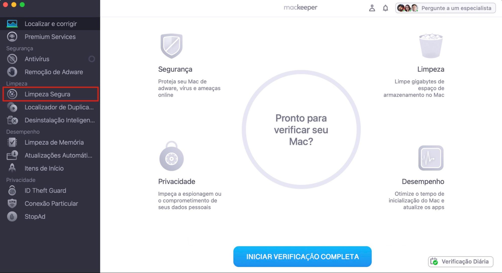 Tela inicial Localizar e Corrigir do MacKeeper com Limpeza Segura destacada na barra lateral. Primeiro passo para limpar o cache do Mail no Mac: usar um limpador de Mac.