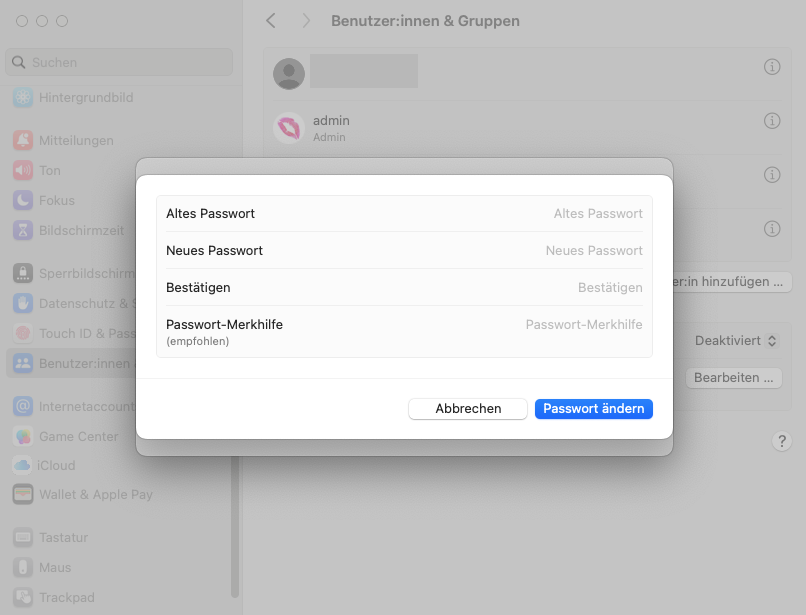 Geben Sie unter Benutzer & Gruppen das alte und das neue Passwort ein und klicken Sie auf Passwort ändern