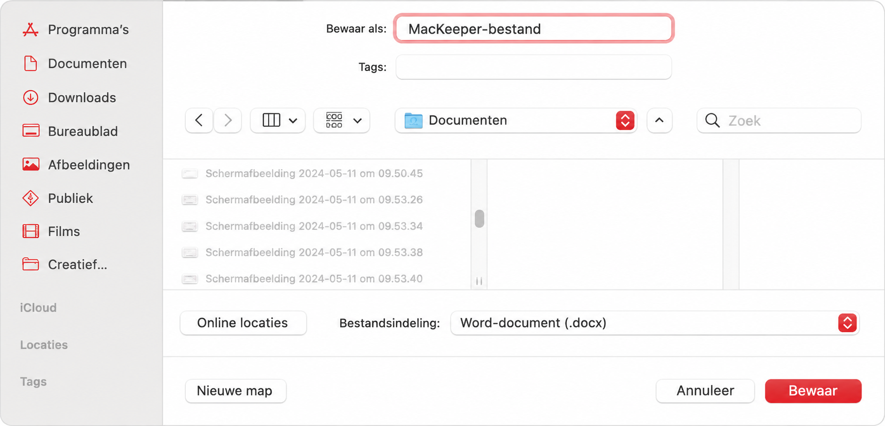 In het menu 'Opslaan als' kunt u de naam van uw bestand en de opslaglocatie wijzigen. Kies een nieuwe locatie en klik op de knop 'Opslaan'.