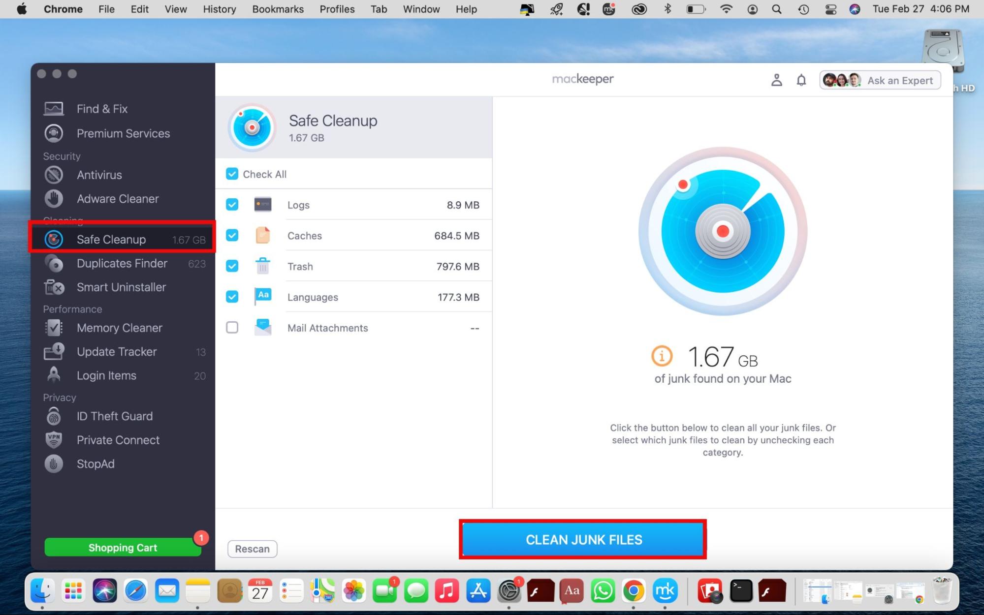 The MacKeeper app is open on a Mac. Hit the Clean Junk Files button to remove junk files from a guest account on a MacBook.