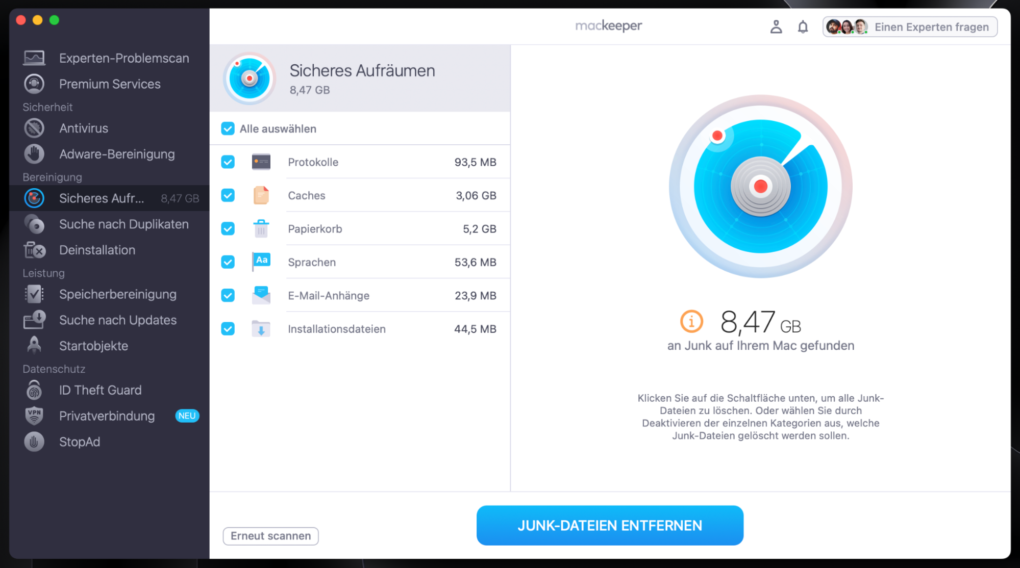 Die App zeigt Ihnen eine Liste der Elemente an, die sicher von Ihrem Mac entfernt werden können. Aktivieren Sie das Kontrollkästchen neben der Datei, die Sie entfernen möchten, und klicken Sie auf Junk-Dateien entfernen.
