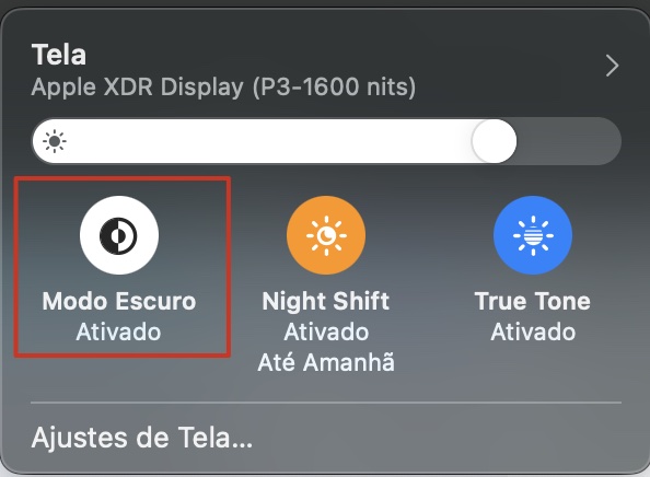 As opções de Tela na Central de Controle de um MacBook. Parte das instruções sobre como resolver problemas de falhas na tela do MacBook.