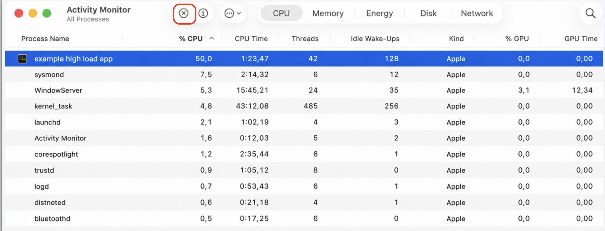 Activity Monitor on an Apple computer with a high-CPU app selected and the Stop (✕) button clicked to end the resource-heavy process.