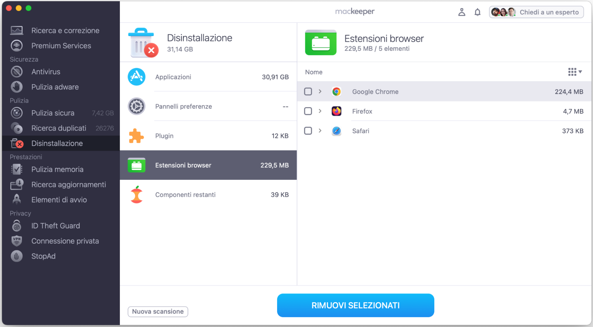 L'app MacKeeper mostra la funzione Disinstallazione che aiuta a rimuovere i plugin indesiderati dal tuo Mac.