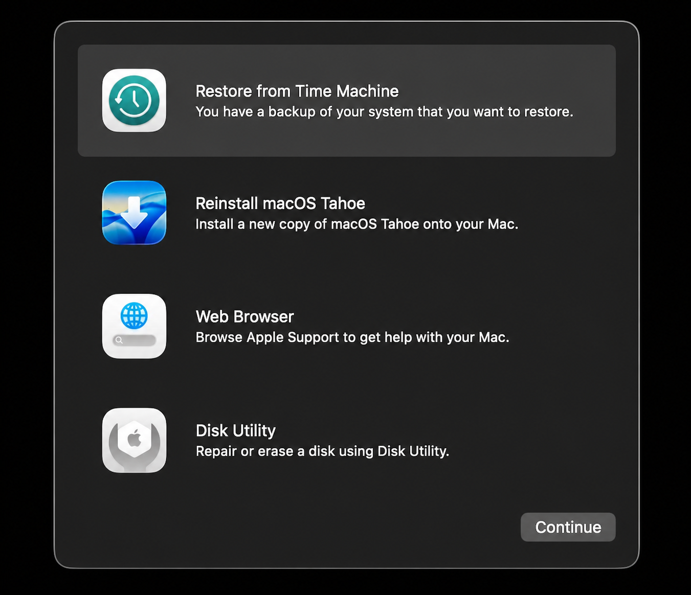 macOS Recovery Utilities window on a Ventura Mac with Restore From Time Machine selected, then the Continue button is clicked.