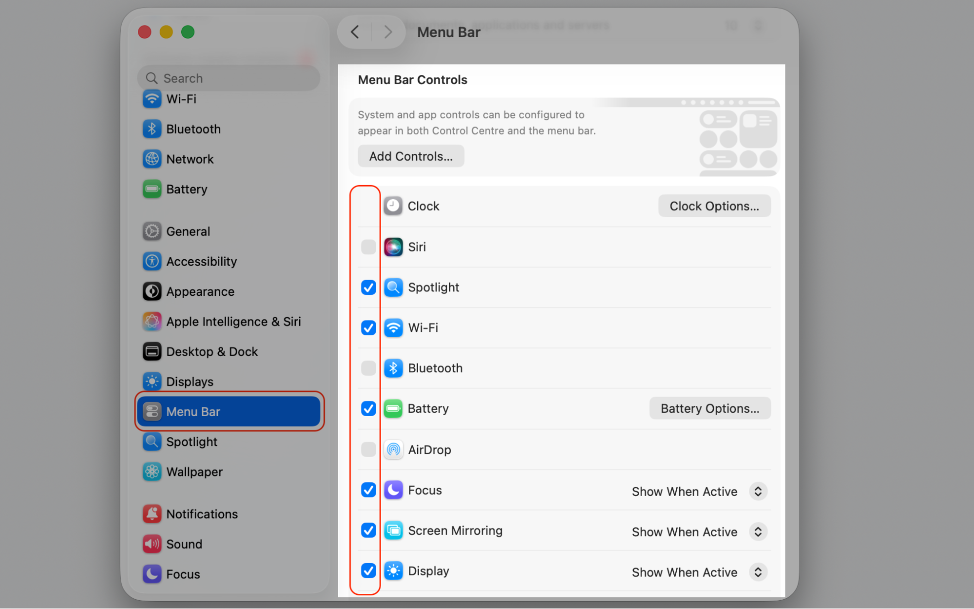 System Settings Control Center pane on macOS showing Menu Bar toggles like Bluetooth and Sound set to free up space for Dropbox.