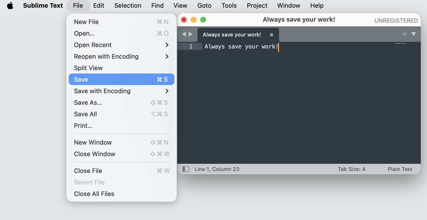 App File menu on macOS with the Save option highlighted to save work before installd finishes an update on an Apple computer.