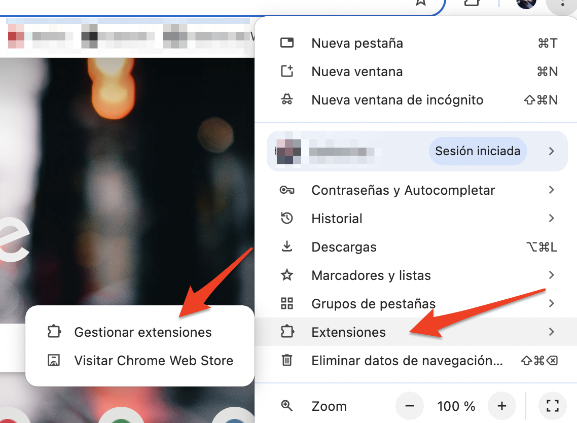 Google Chrome en macOS Monterey muestra el menú de configuración. Selecciona Extensiones y, a continuación, Administrar extensiones para eliminar aquellas que ya no utilices.