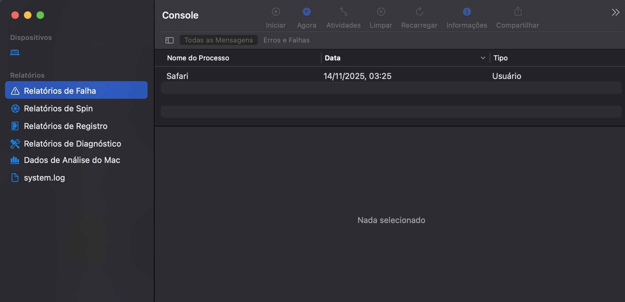 Abra Relatórios de Falha no Console para verificar se há algum problema que precise ser resolvido. Quando tiver as informações necessárias, poderá decidir os próximos passos a serem tomados.