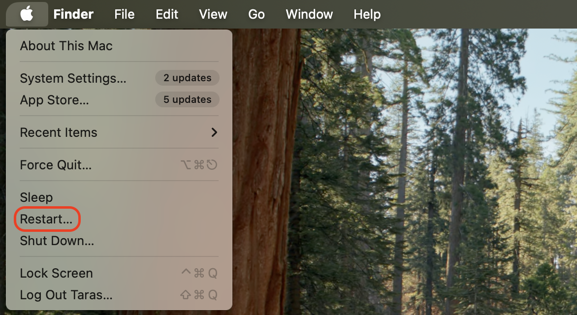 Click the Apple menu in the top-left corner of your screen and choose Restart to reboot your Mac and reset background system processes.