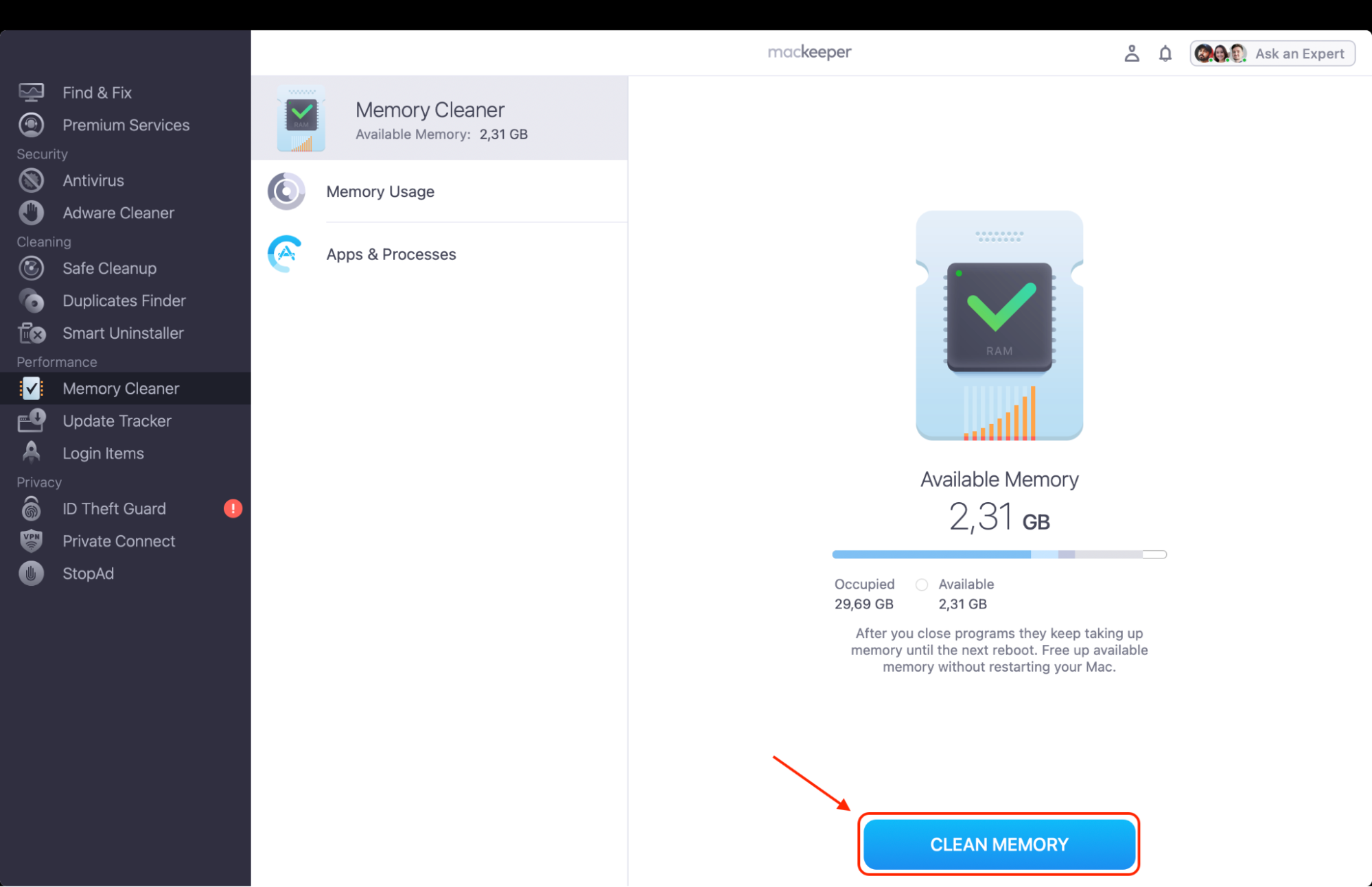 Review the Memory usage dashboard and click the Clean Memory button to instantly free up RAM and terminate resource-heavy background tasks.
