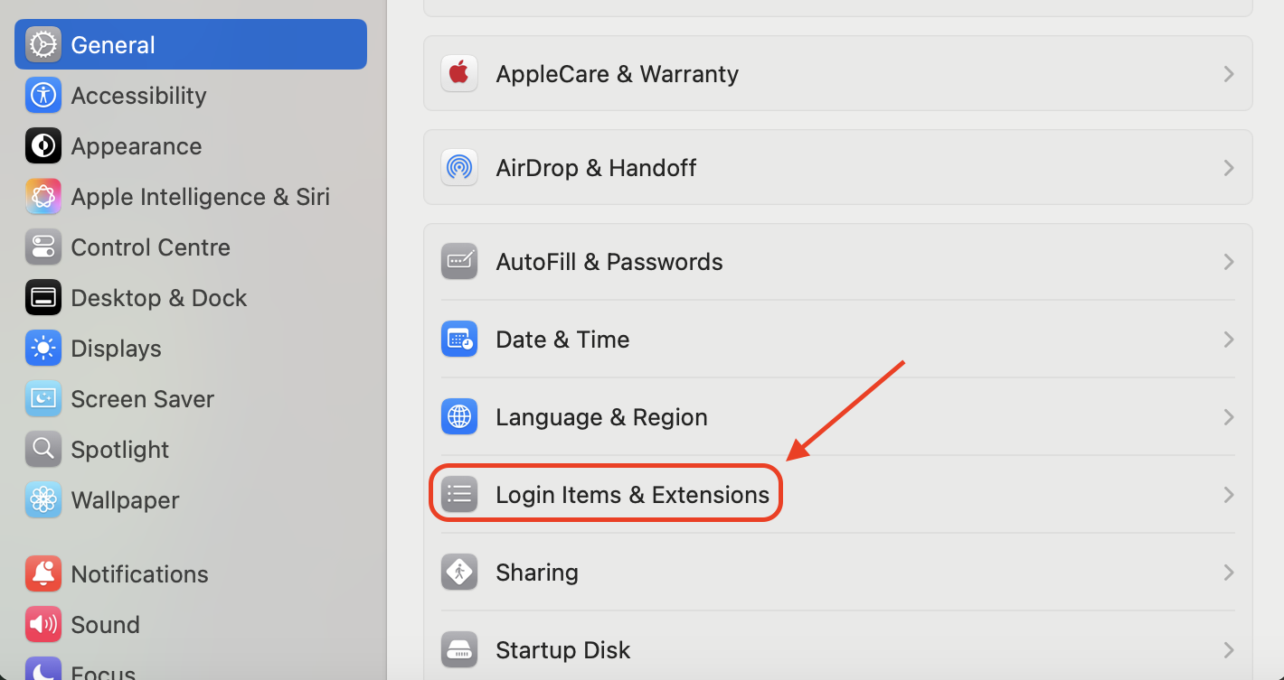 Open System Settings, go to General > Login Items, and remove unnecessary startup programs to speed up boot time and free system resources.