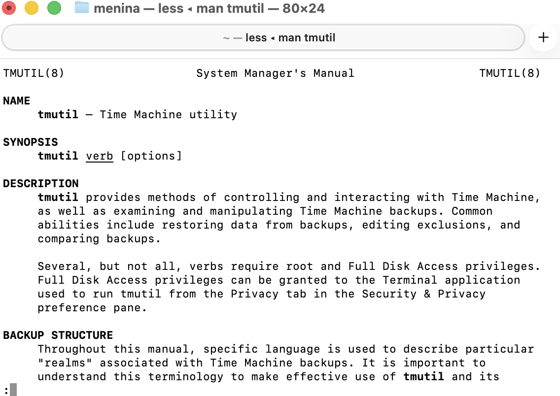 De  tmutil-handleiding bevat een beschrijving van wat het is en hoe het werkt, evenals details over het gebruik van het hulpmiddel.
