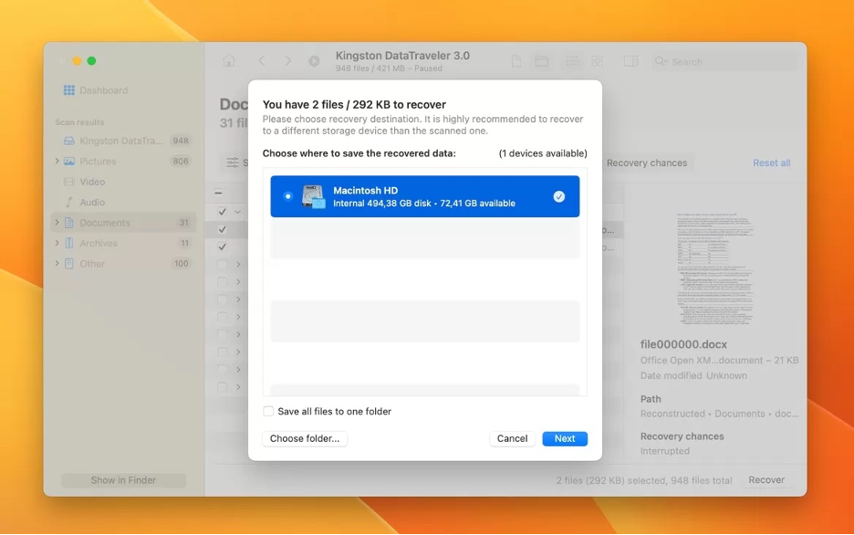 To recover documents with Disk Drill on a Mac, select a drive to save the file to and click Next.