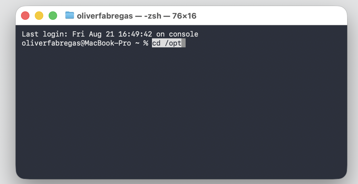 Terminal window on a MacBook running zsh with the command cd /opt typed at the prompt to open the opt directory on the drive.