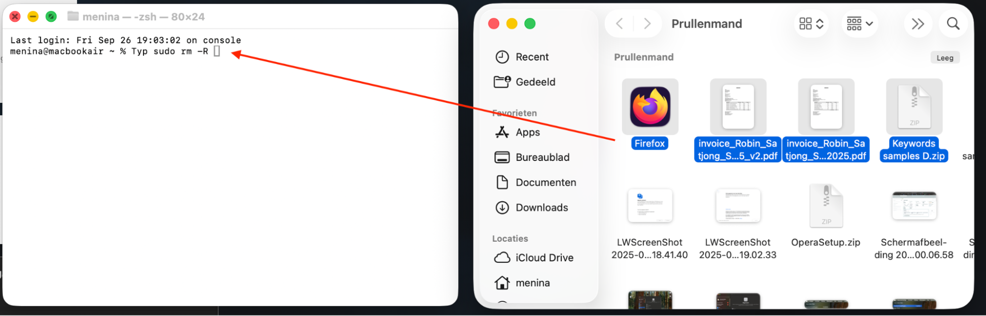 Het Terminalvenster geopend naast een prullenmandvenster op de Mac. Om de prullenmand geforceerd te legen, sleep je bestanden vanuit het prullenmandvenster naar Terminal nadat je het commando sudo rm -R hebt ingevoerd.