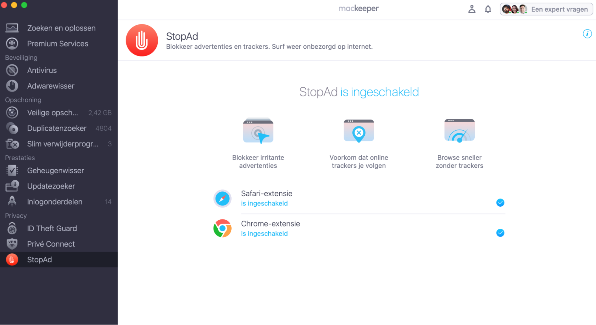 Om Safari te beschermen tegen virussen, schakel toegang tot kwaadaardige websites in. Open MacKeeper en ga naar StopAd, selecteer Inschakelen naast Safari.
