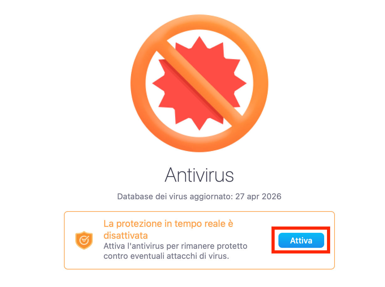Lo strumento Antivirus in MacKeeper per Mac. Clicca Attiva per configurare la protezione in tempo reale e rimuovere il malware dal tuo computer.