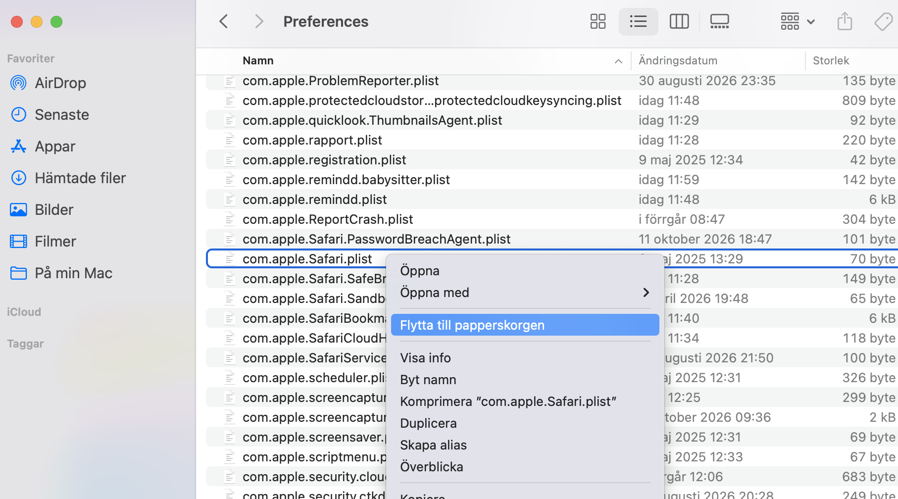 Leta reda på Safaris inställningsfil och ta bort den. Flytta den till din Macs papperskorg och töm sedan papperskorgen för att ta bort filen helt.