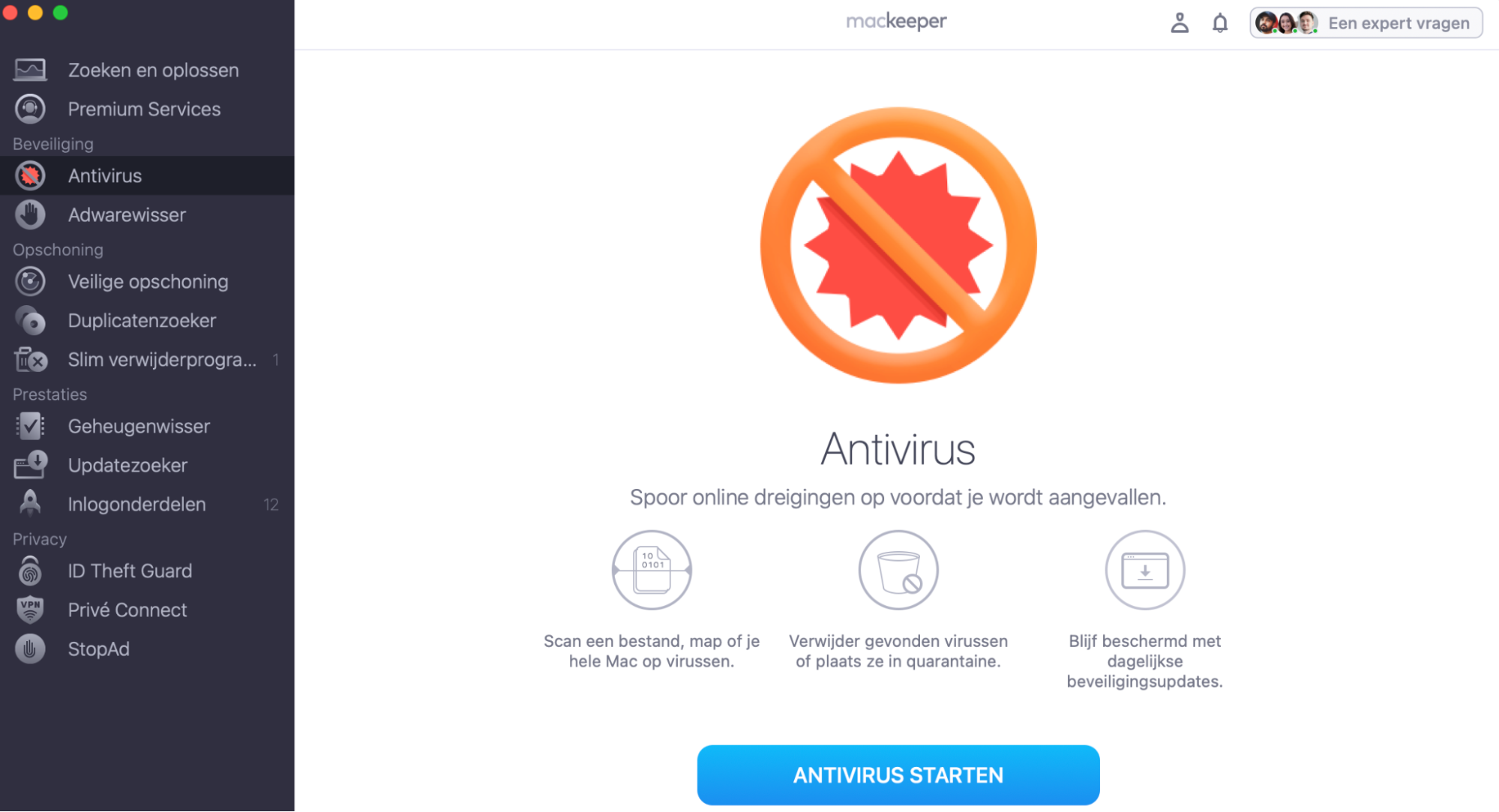 Malware kan de oorzaak zijn van de problemen met de muis van je Mac. Open  MacKeeper en selecteer Antivirus in de zijbalk.