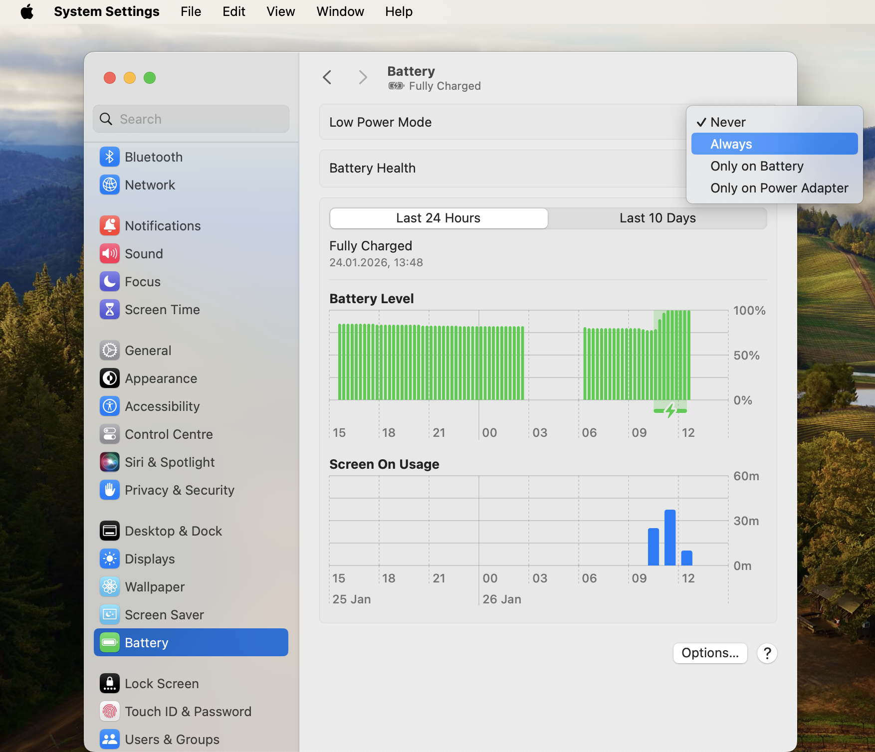 To reduce the energy usage on your MacBook, go to Apple's System Settings > Battery > Low Power Mode and select Always in the drop-down menu.