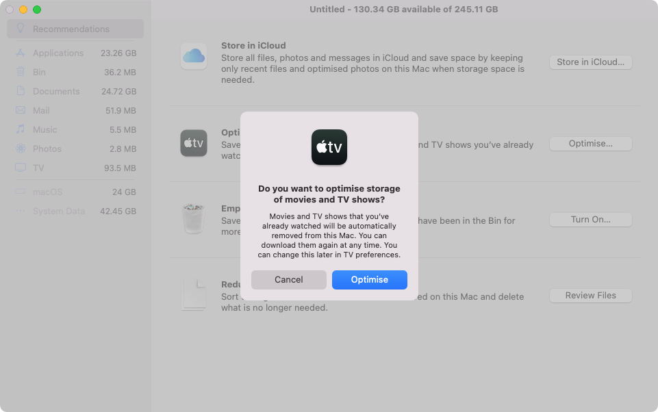 Para iniciar el proceso de optimización del almacenamiento de tu Mac, haz clic en Optimizar.