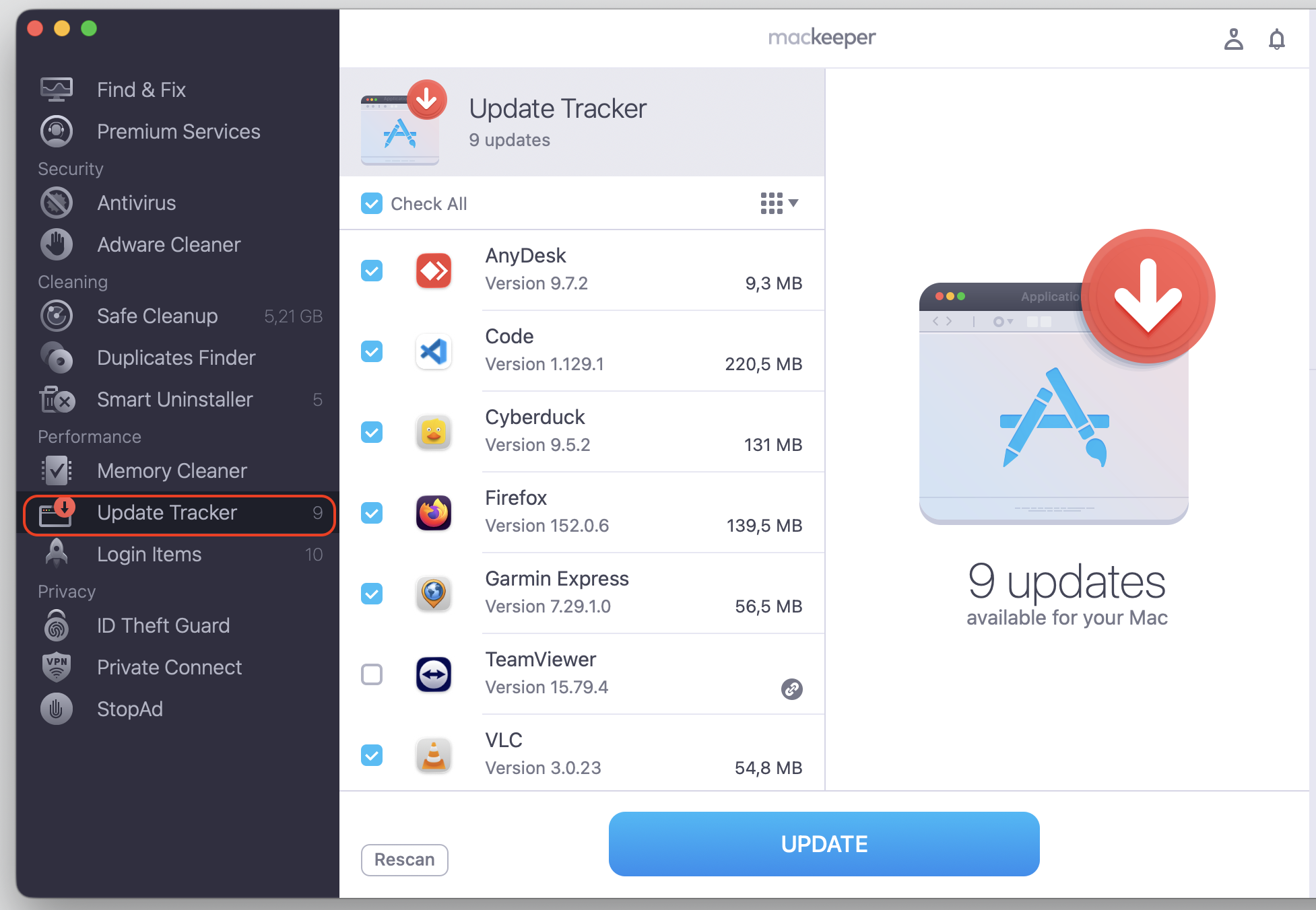 MacKeeper's Update Tracker window on macOS Ventura listing 9 available app updates for your Mac, with the blue Update button selected