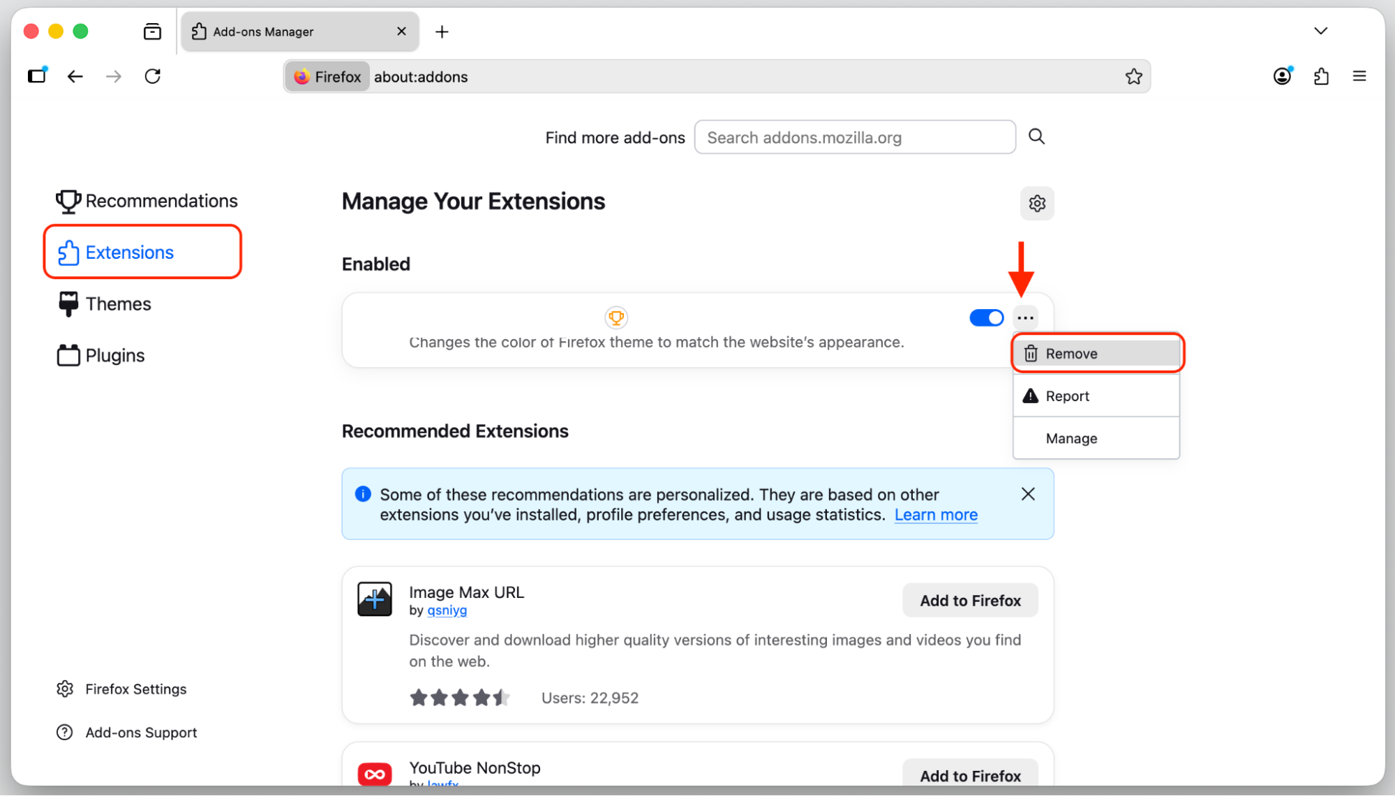 Firefox Add-ons Manager Extensions tab on an Apple device showing the three-dot menu open with the Remove option for a suspicious add-on.