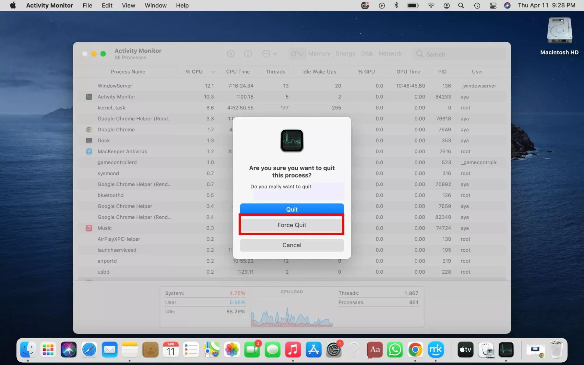 Click on MLTCompilerService on the list, then click on the X icon and Quit or Force Quit to stop MLTCompilerService’s high CPU consumption on Mac.