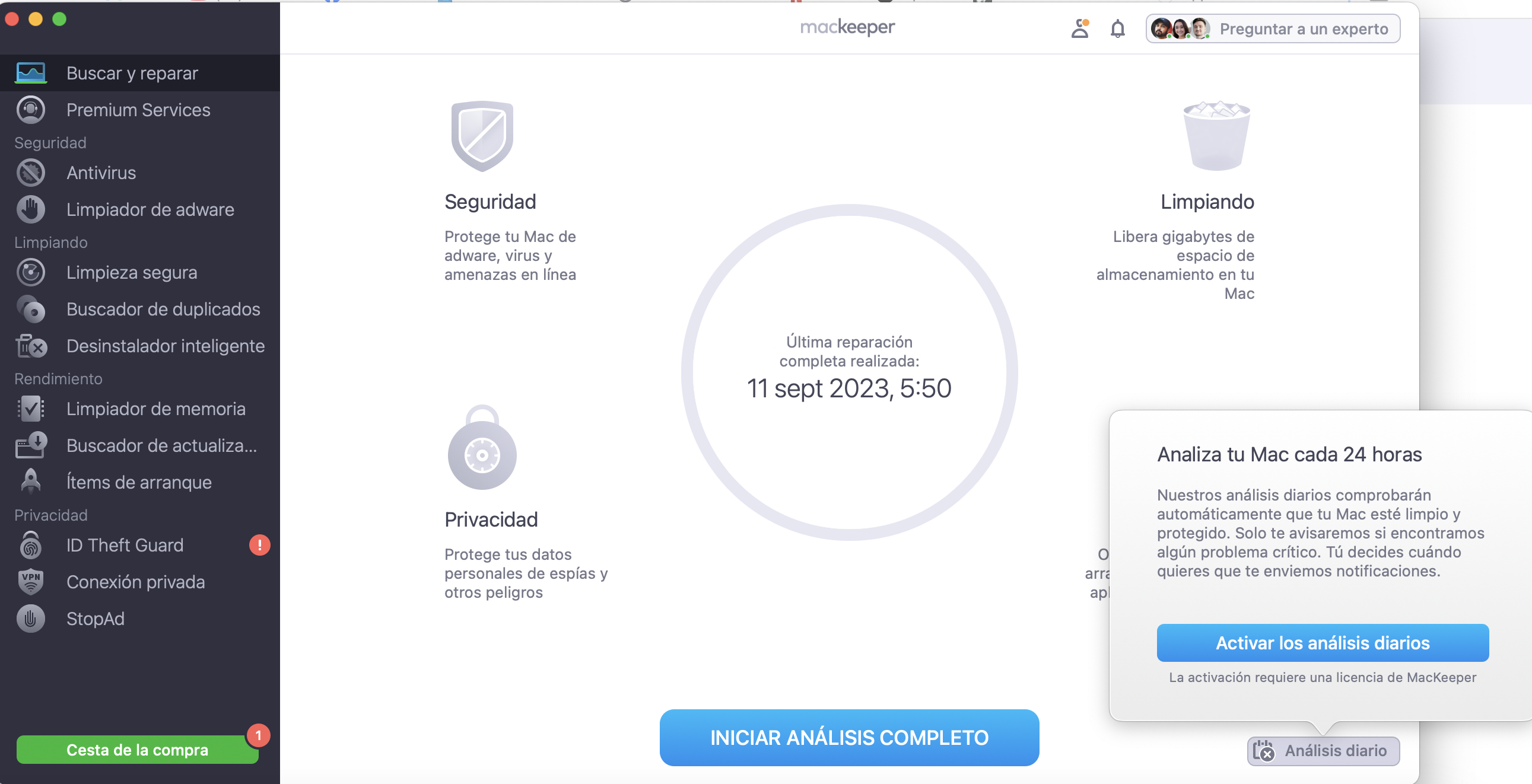 Haz clic en Análisis diario y la aplicación analizará automáticamente tu Mac en busca de posibles problemas cada 24 horas.